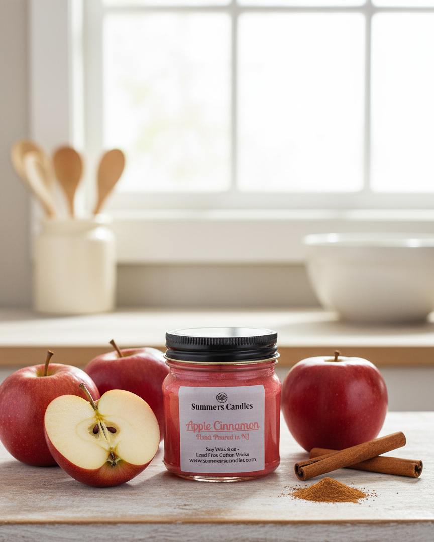 Jar of 'Apple Cinnamon' candle with apples and cinnamon sticks on a wooden surface