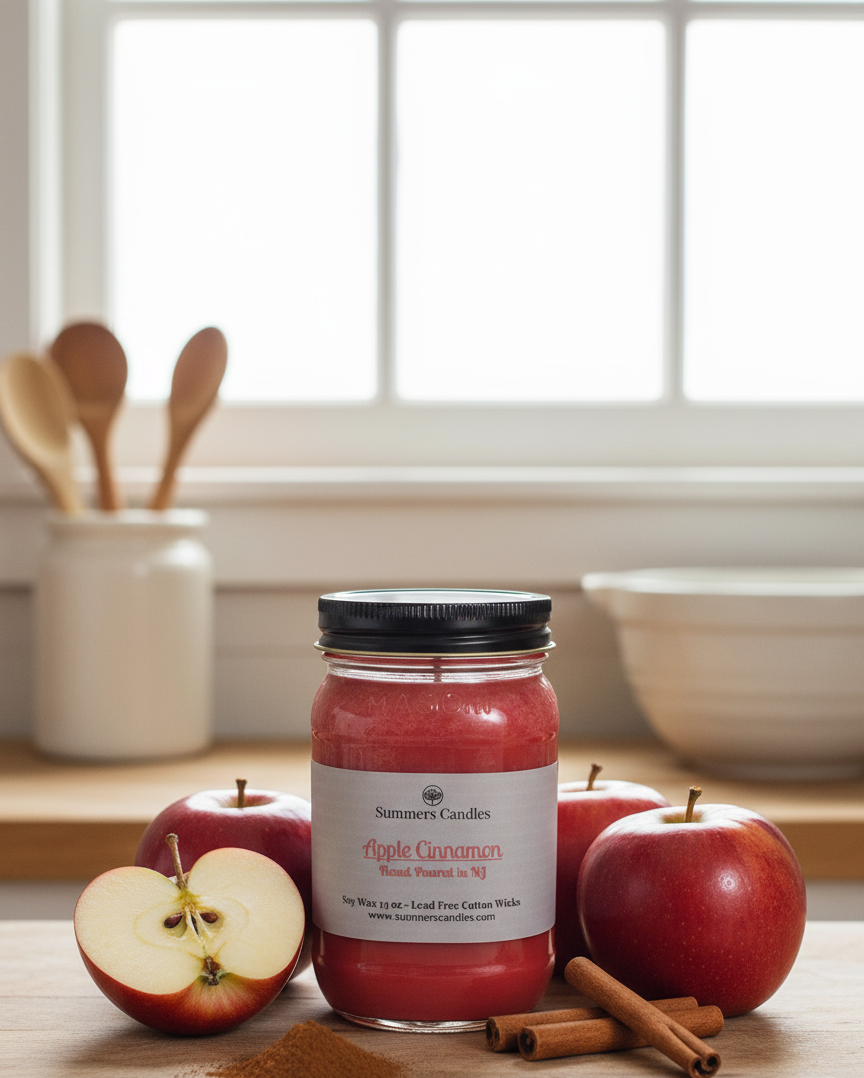 Jar of 'Apple Cinnamon' candle with apples and cinnamon sticks on a kitchen counter