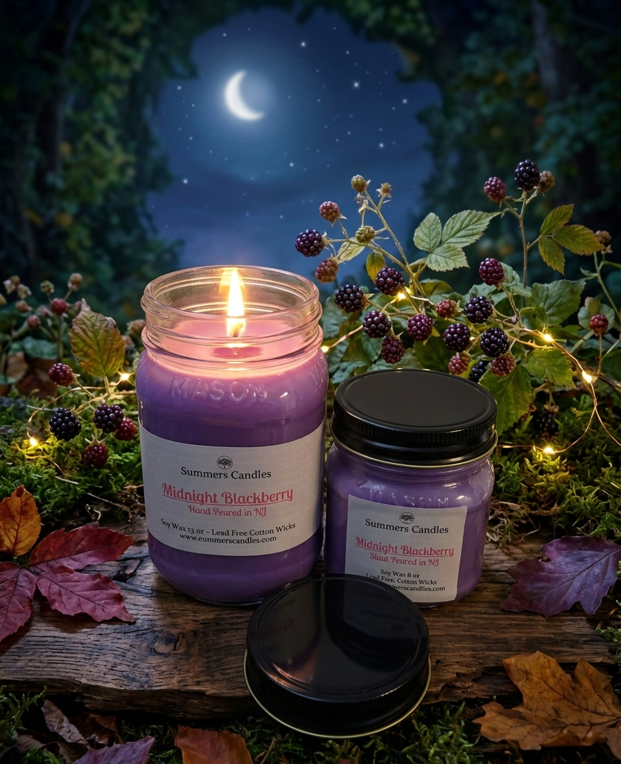 Two purple candles on a wooden surface with a night sky and moon in the background.