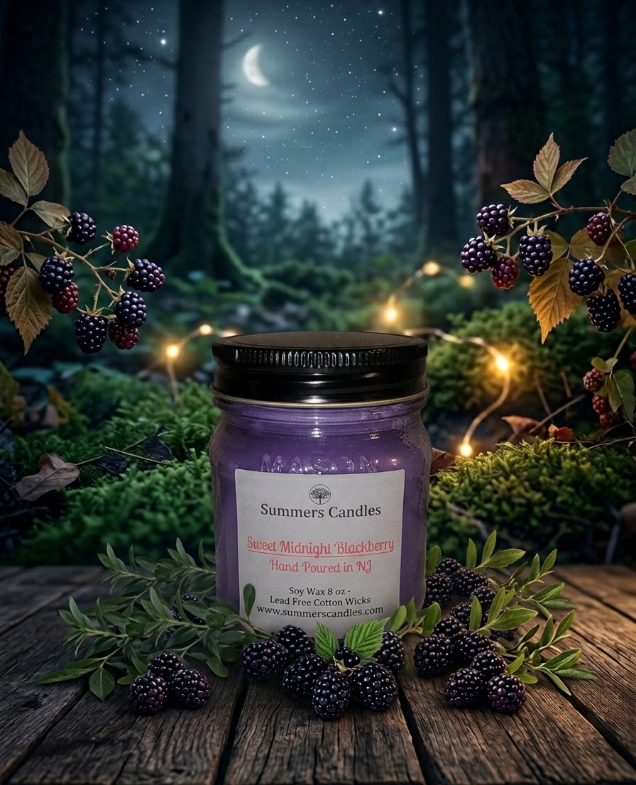 Purple candle labeled 'Summers Candles' in a forest setting with blackberries and fairy lights.