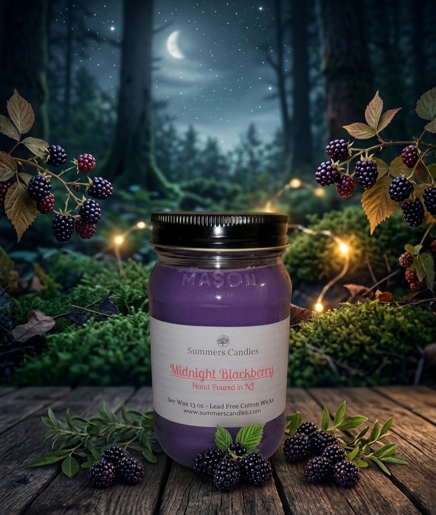 Purple candle jar labeled 'Midnight Blackberry' on a wooden surface with blackberries and a forest background.
