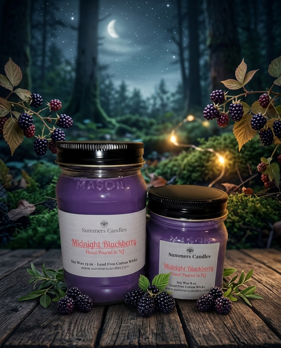 Two jars of 'Midnight Blackberry' candles on a wooden surface with a forest background.